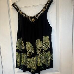 Shoreline Black Tank Top with Green Embroidery